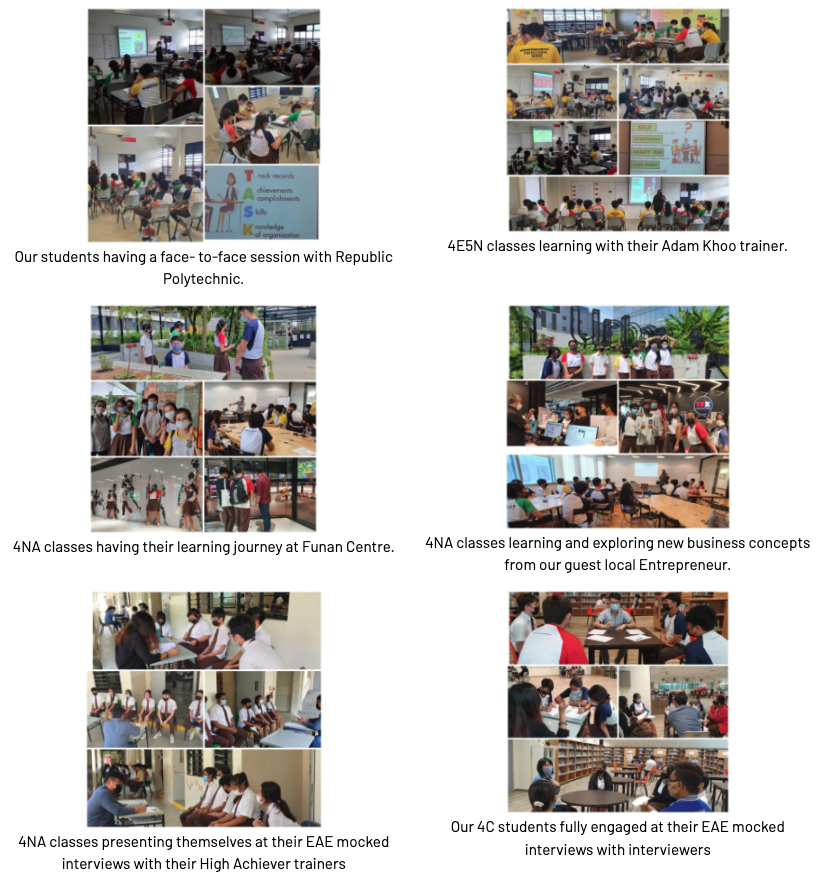 Six photo collages showing students in classroom sessions, learning journeys, and mock interviews at various venues.